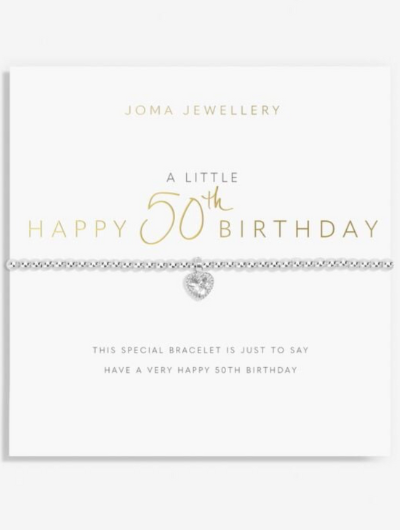 Joma Jewellery A Little Happy 50th Birthday silver-plated bracelet with birthday charm on sentiment card.