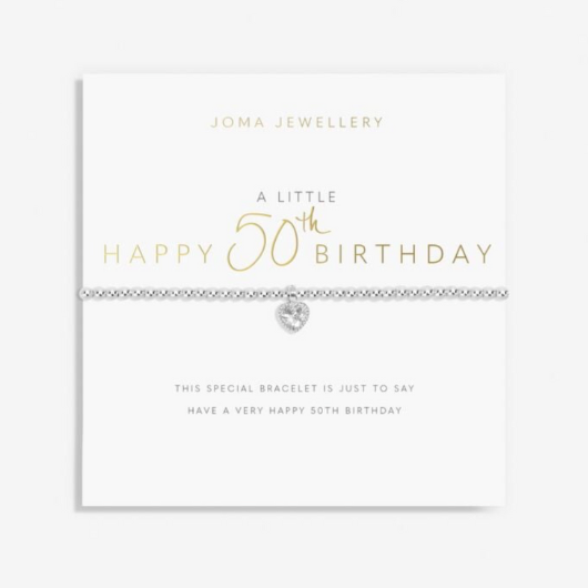 Joma Jewellery A Little Happy 50th Birthday silver-plated bracelet with birthday charm on sentiment card.