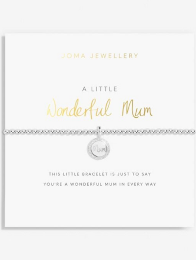 Silver-plated Joma Jewellery Wonderful Mum bracelet displayed on sentiment card with heartfelt poem.