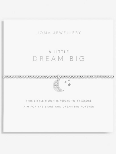 Joma Jewellery A Little Dream Big silver-plated bracelet with moon charm on sentiment card.