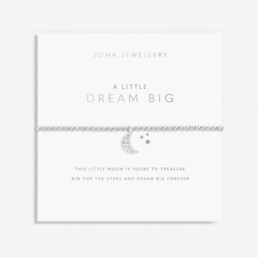 Joma Jewellery A Little Dream Big silver-plated bracelet with moon charm on sentiment card.