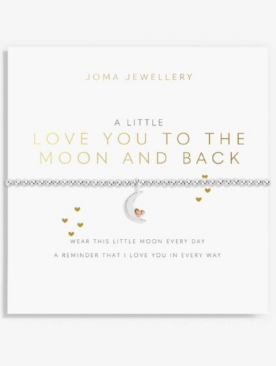 Joma Jewellery A Little Love You To The Moon And Back silver and rose gold plated bracelet with moon charm on sentiment card.