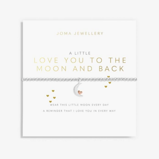 Joma Jewellery A Little Love You To The Moon And Back silver and rose gold plated bracelet with moon charm on sentiment card.