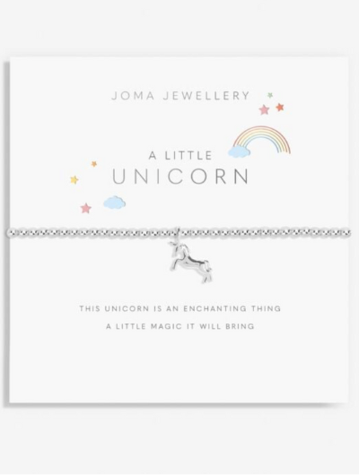 Joma Jewellery A Little Unicorn silver-plated bracelet with unicorn charm on sentiment card.