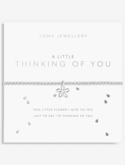 Joma Jewellery A Little Thinking Of You silver-plated bracelet with flower charm on sentiment card.