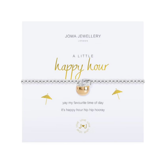 Joma Jewellery A Little Happy Hour silver-plated bracelet with charm on sentiment card.