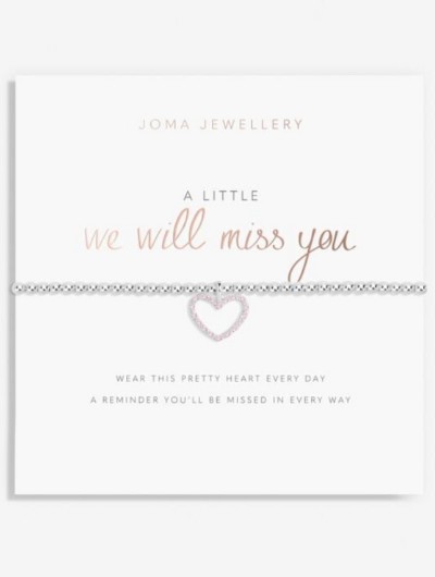 Joma Jewellery A Little We Will Miss You silver-plated bracelet with heart charm on sentiment card.