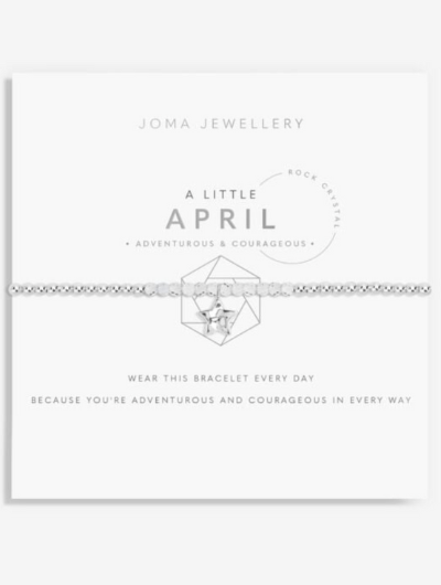 Joma Jewellery A Little April Birthstone bracelet with natural rock crystal stones and silver star charm on sentiment card.