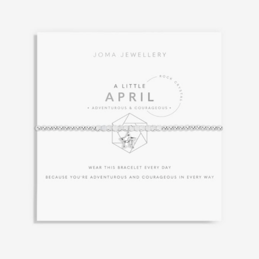 Joma Jewellery A Little April Birthstone bracelet with natural rock crystal stones and silver star charm on sentiment card.