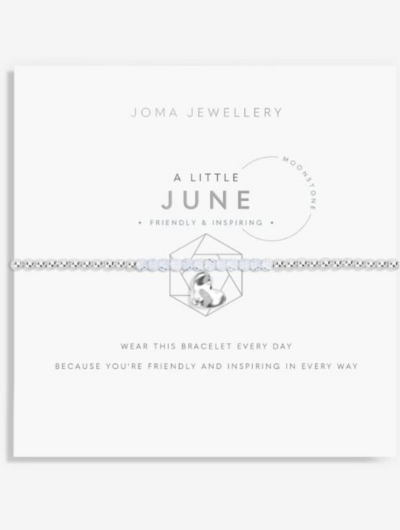 Joma Jewellery A Little June Birthstone bracelet with moonstone beads and silver heart charm on sentiment card.