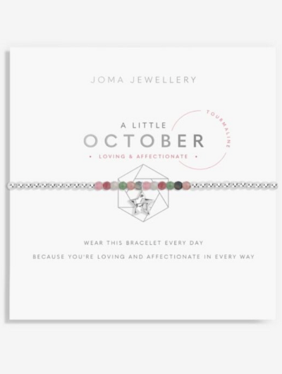 Joma Jewellery A Little October Birthstone bracelet with tourmaline stones and silver star charm on sentiment card.