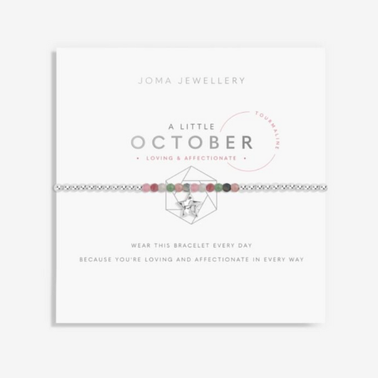 Joma Jewellery A Little October Birthstone bracelet with tourmaline stones and silver star charm on sentiment card.