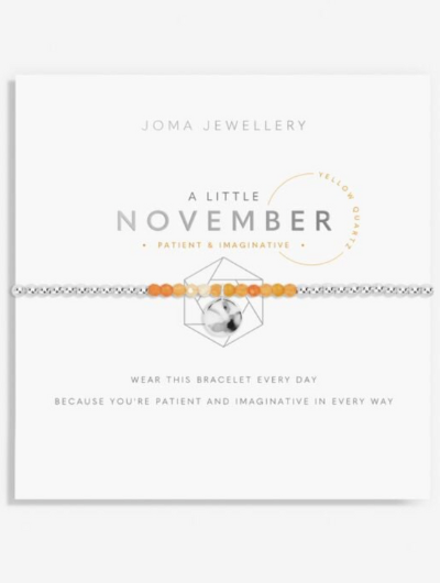 Joma Jewellery A Little November Birthstone bracelet with yellow quartz stones and silver circle charm on sentiment card.