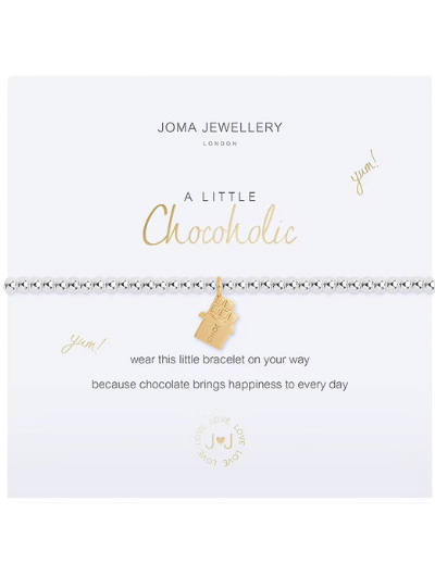 Joma Jewellery A Little Chocoholic silver-plated bracelet with chocolate charm on sentiment card.