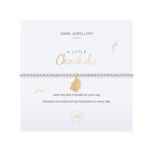 Joma Jewellery A Little Chocoholic silver-plated bracelet with chocolate charm on sentiment card.
