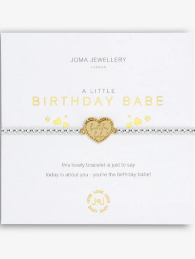 Joma Jewellery A Little Birthday Babe bracelet with gold-plated engraved charm on sentiment card.Joma Jewellery A Little Birthday Babe bracelet with gold-plated engraved charm on sentiment card.