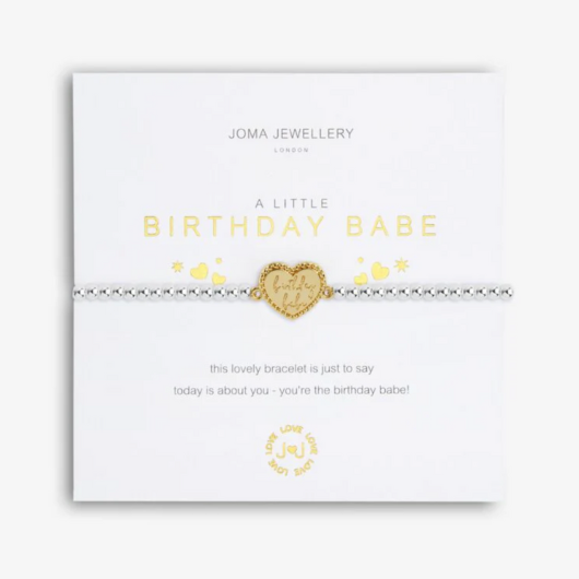 Joma Jewellery A Little Birthday Babe bracelet with gold-plated engraved charm on sentiment card.Joma Jewellery A Little Birthday Babe bracelet with gold-plated engraved charm on sentiment card.