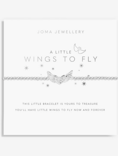 Joma Jewellery A Little Wings To Fly silver-plated bracelet with wing charm on sentiment card.