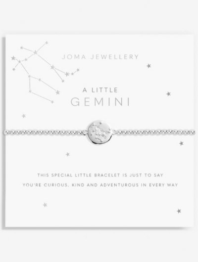 Joma Jewellery A Little Gemini silver-plated bracelet with CZ star sign charm on sentiment card.