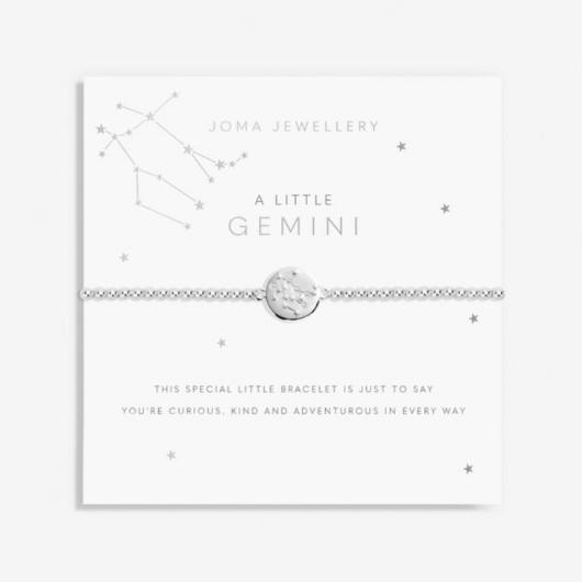 Joma Jewellery A Little Gemini silver-plated bracelet with CZ star sign charm on sentiment card.