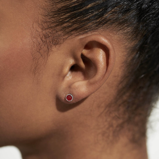 Close-up of Garnet January Birthstone Earrings with sparkling gemstone detail and personality traits card.