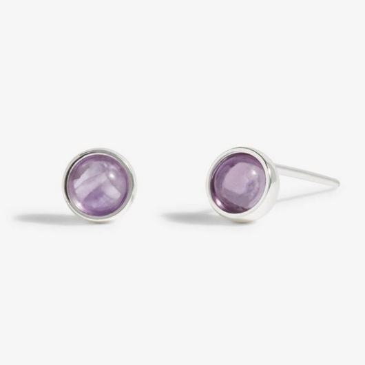 February Birthstone Earrings – silver-plated design with Amethyst stones in white gift box.