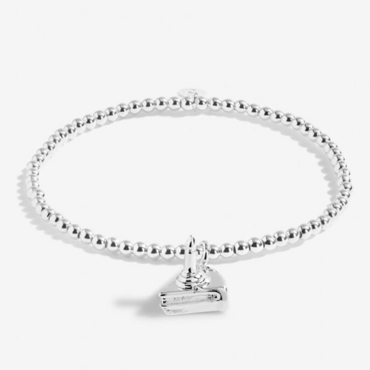 A Little Happiest Of Birthdays bracelet with silver-plated birthday cake charm on sentiment card.