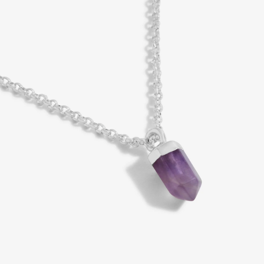 Joma Jewellery Amethyst protection necklace displayed with affirmation card and gemstone charm.