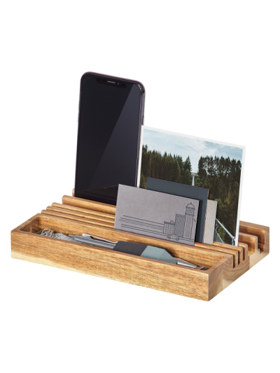 Gentlemen’s Hardware acacia wood desk organiser with phone stand and storage compartments.