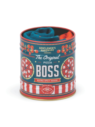 Gentlemen’s Hardware Pizza Socks in a reusable storage tin.