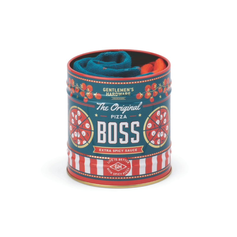 Gentlemen’s Hardware Pizza Socks in a reusable storage tin.