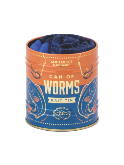 Fishing-themed novelty socks packaged in a tin by Gentlemen’s Hardware.