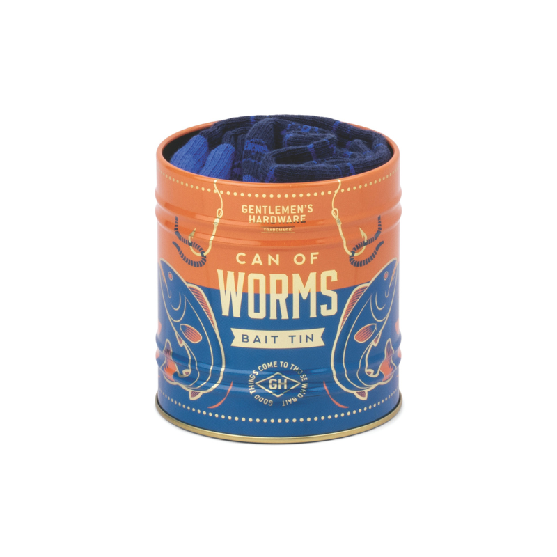 Fishing-themed novelty socks packaged in a tin by Gentlemen’s Hardware.