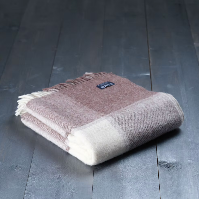 Sand Cornwall Jacob Block Check pure new wool blanket Throw in duck egg, charcoal and grey with tassels.