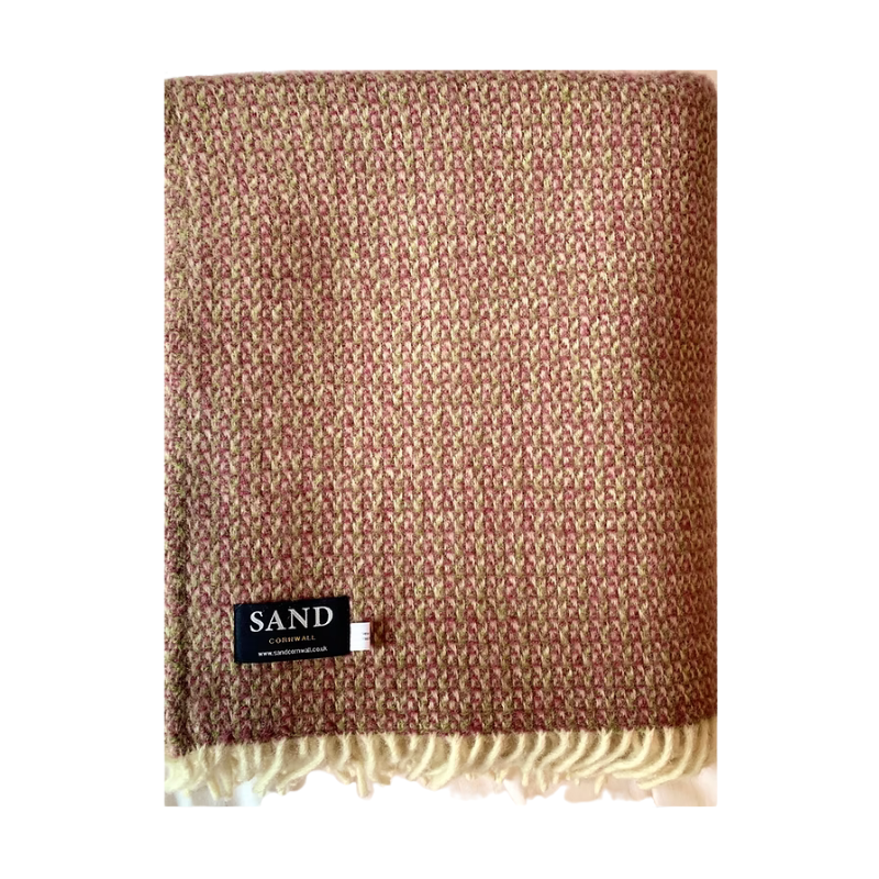 Sand Cornwall Raspberry Illusion 100% new wool blanket with cream tassels.