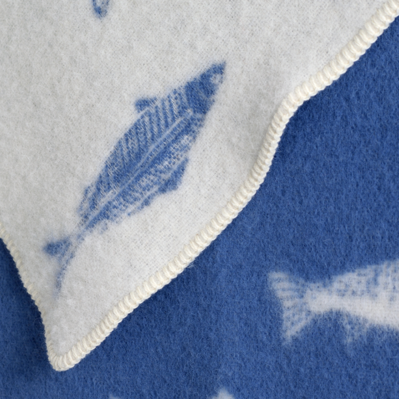 JJ Textiles Fish Wool Blanket with blue ocean design, reversible wool and cotton throw.