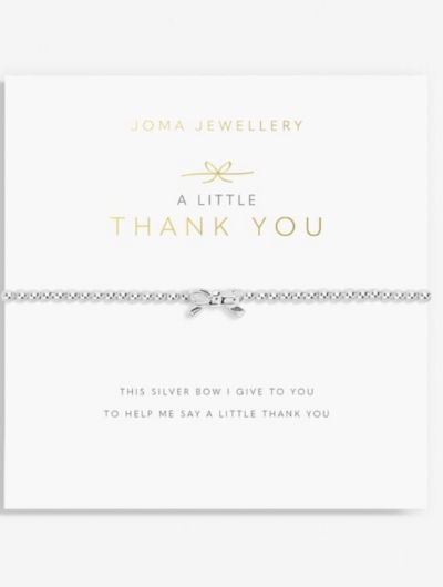 A Little Thank You Bracelet – silver-plated bow charm on stretch design with sentiment card.