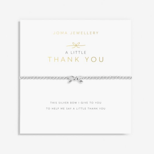 A Little Thank You Bracelet – silver-plated bow charm on stretch design with sentiment card.