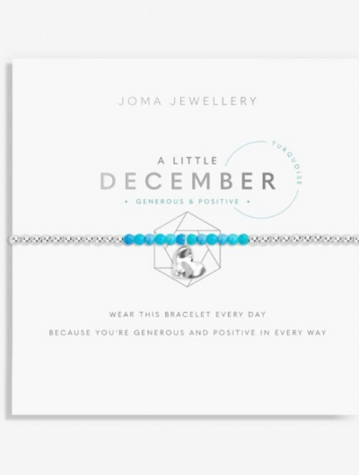 Joma Jewellery A Little December Birthstone bracelet with turquoise stones and silver heart charm on sentiment card.