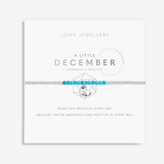 Joma Jewellery A Little December Birthstone bracelet with turquoise stones and silver heart charm on sentiment card.