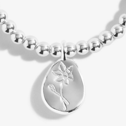 Joma Jewellery Birth Flower December Narcissus silver-plated bracelet with engraved oval charm on pastel sentiment card.