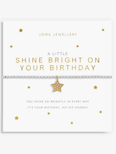 Joma Jewellery A Little Shine Bright On Your Birthday bracelet with gold star charm on sentiment card.