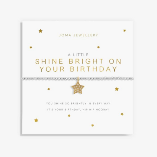 Joma Jewellery A Little Shine Bright On Your Birthday bracelet with gold star charm on sentiment card.