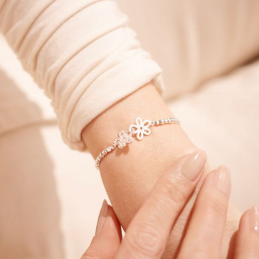Joma Jewellery Forever Yours Just To Say Thank You bracelet with pavé flower charm on blush pink sentiment card.