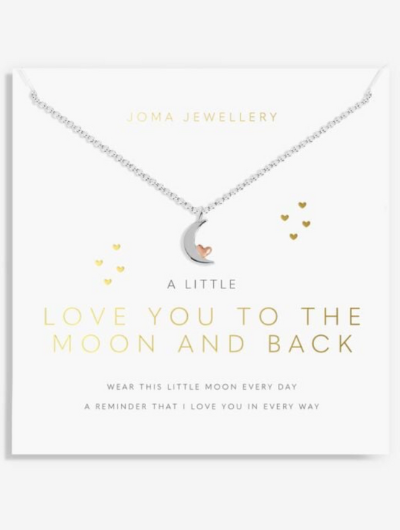 Joma Jewellery A Little Love You To The Moon And Back necklace with rose gold moon charm on sentiment card.