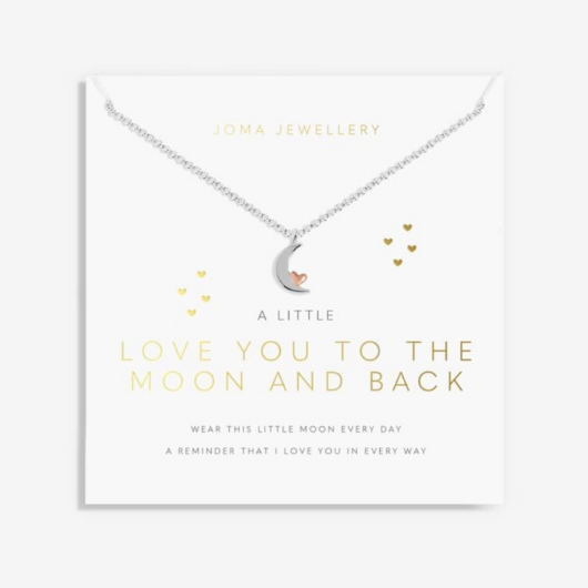 Joma Jewellery A Little Love You To The Moon And Back necklace with rose gold moon charm on sentiment card.