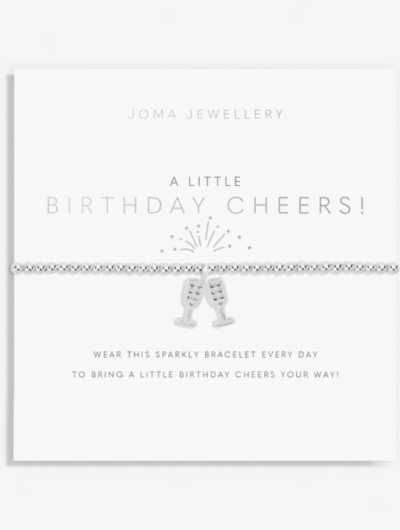 Joma Jewellery A Little Birthday Cheers silver-plated bracelet with champagne flute charms on sentiment card.