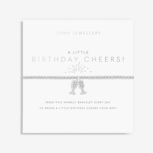 Joma Jewellery A Little Birthday Cheers silver-plated bracelet with champagne flute charms on sentiment card.