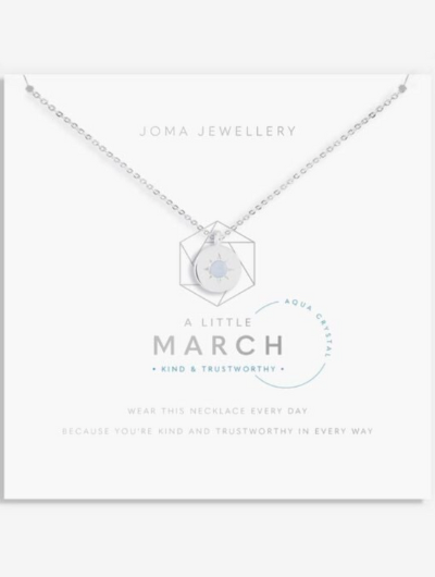 Joma Jewellery March Birthstone Necklace with Aqua Crystal charm on sentiment card.