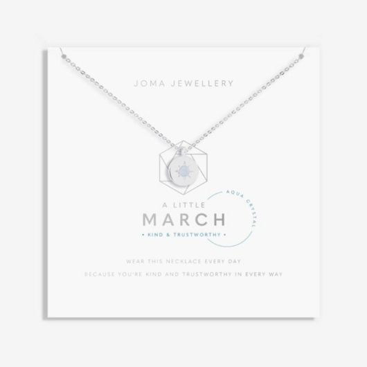 Joma Jewellery March Birthstone Necklace with Aqua Crystal charm on sentiment card.